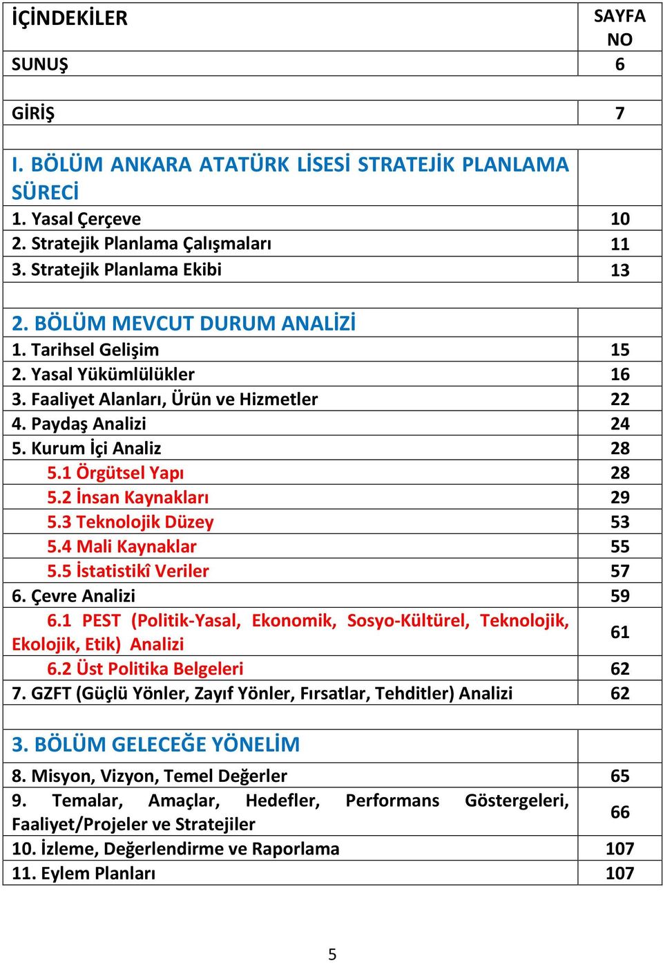 2 İnsan Kaynakları 29 5.3 Teknolojik Düzey 53 5.4 Mali Kaynaklar 55 5.5 İstatistikî Veriler 57 6. Çevre Analizi 59 6.