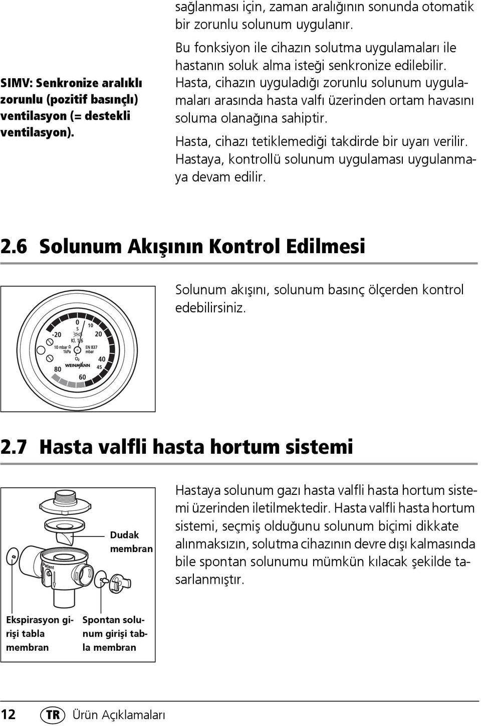 Hasta, cihazın uyguladığı zorunlu solunum uygulamaları arasında hasta valfı üzerinden ortam havasını soluma olanağına sahiptir. Hasta, cihazı tetiklemediği takdirde bir uyarı verilir.