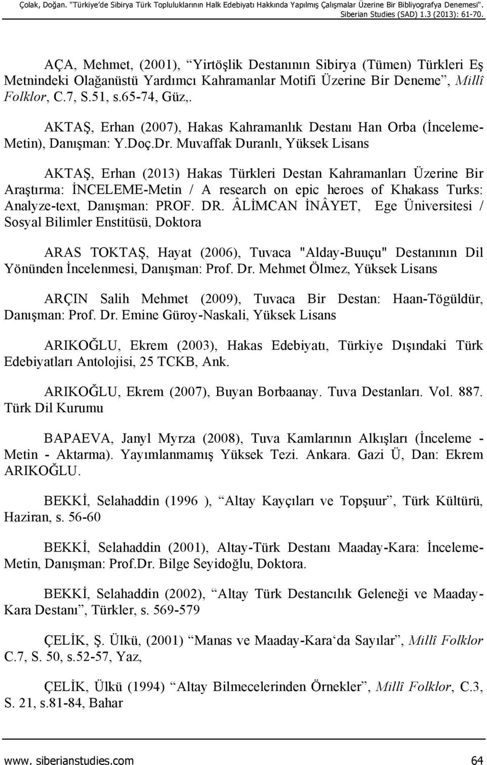 AKTAŞ, Erhan (2007), Hakas Kahramanlık Destanı Han Orba (İnceleme- Metin), Danışman: Y.Doç.Dr.