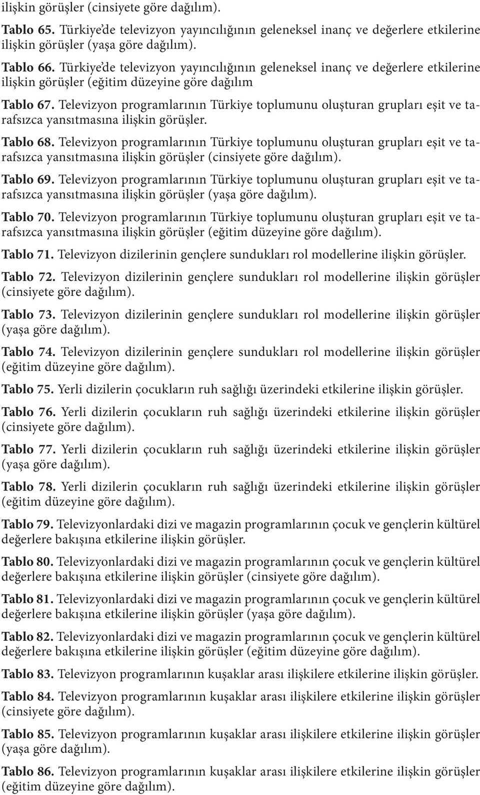 Televizyon programlarının Türkiye toplumunu oluşturan grupları eşit ve tarafsızca yansıtmasına ilişkin görüşler. Tablo 68.