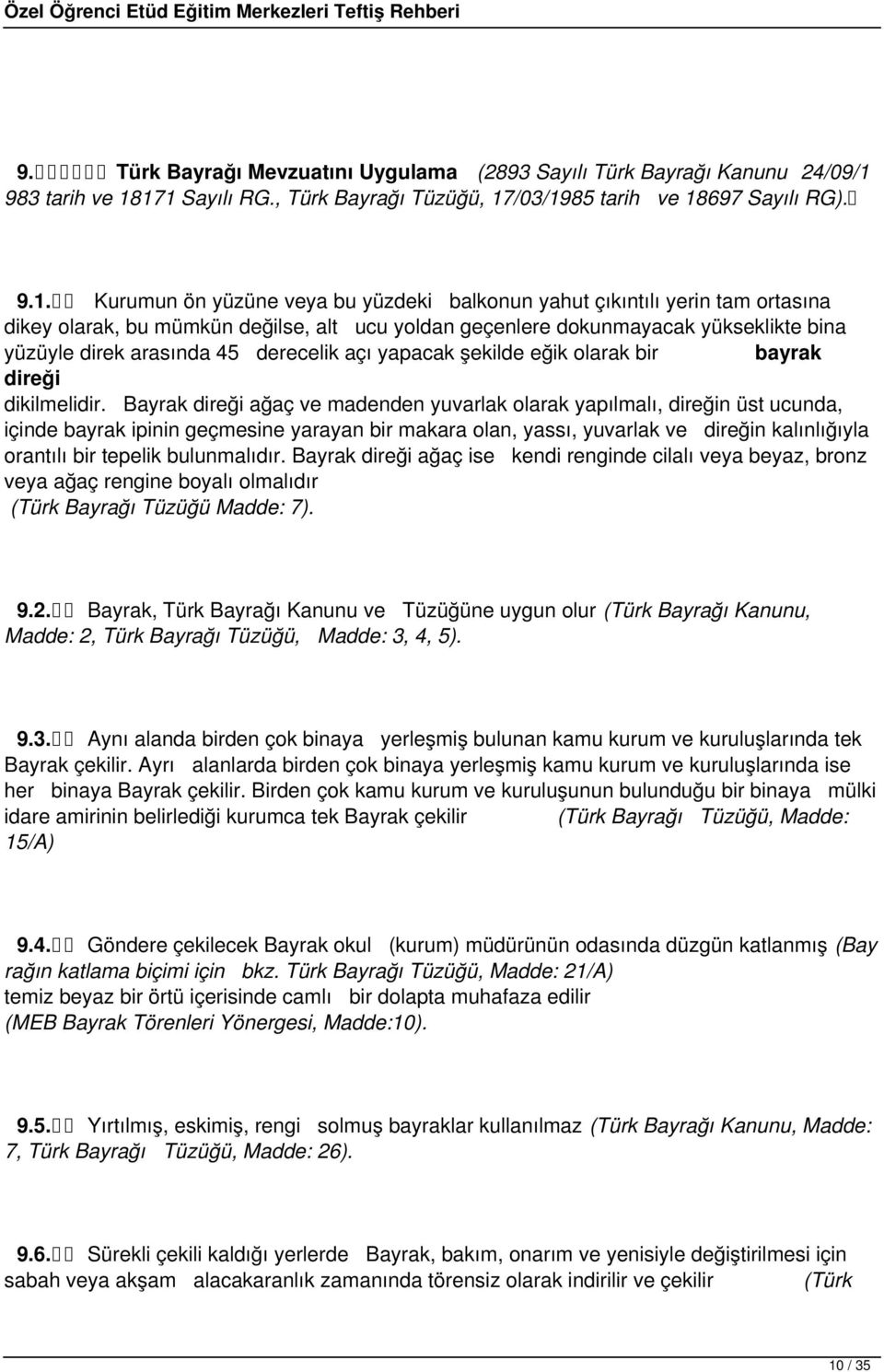 171 Sayılı RG., Türk Bayrağı Tüzüğü, 17/03/1985 tarih ve 18697 Sayılı RG). 9.1. Kurumun ön yüzüne veya bu yüzdeki balkonun yahut çıkıntılı yerin tam ortasına dikey olarak, bu mümkün değilse, alt ucu