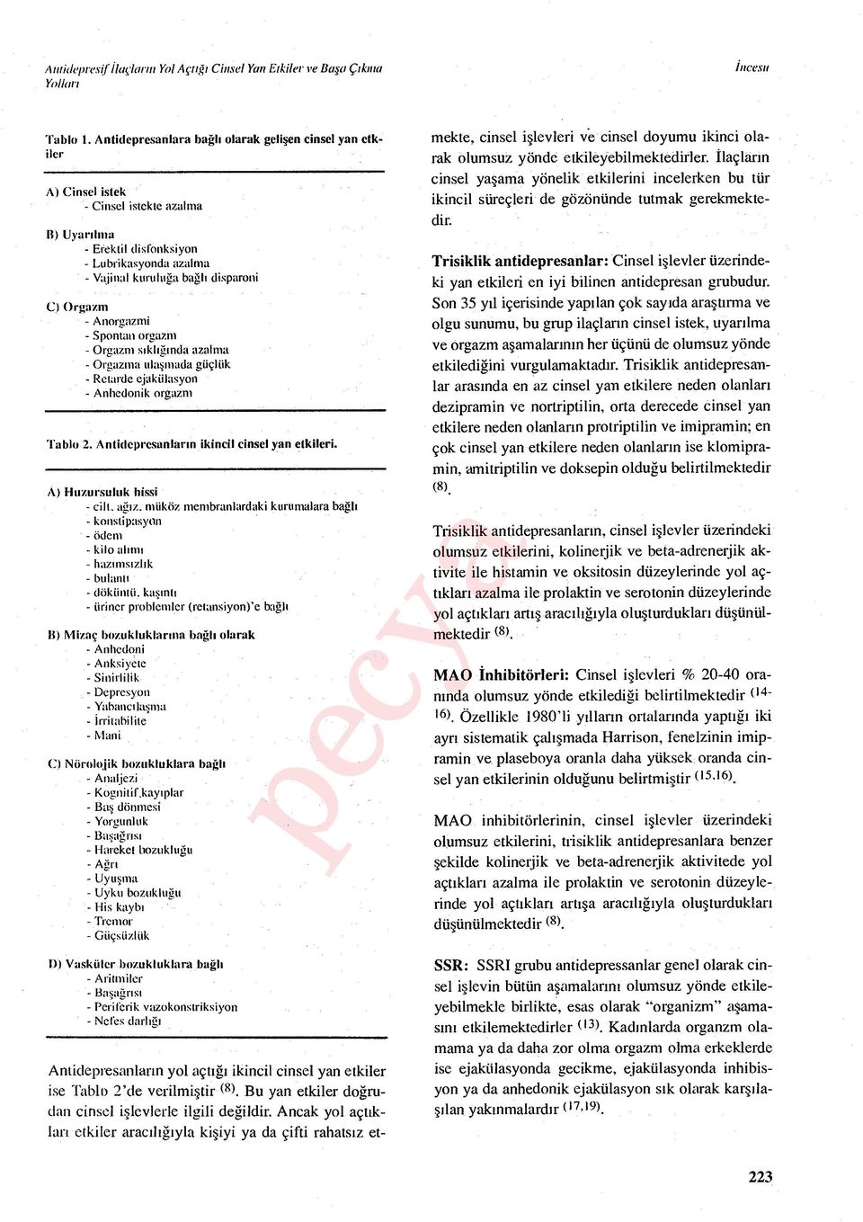 C) Orgaz ın - A ııorgazmi - Spontan orgazm - Orgazm s ı kl ığı nda azalma - Orgazma ulaşmada güçlük Retarde ejakülasyon - Anbedonik orgazm Tablo 2. Antidepresanlar ın ikincil cinsel yan etkileri.