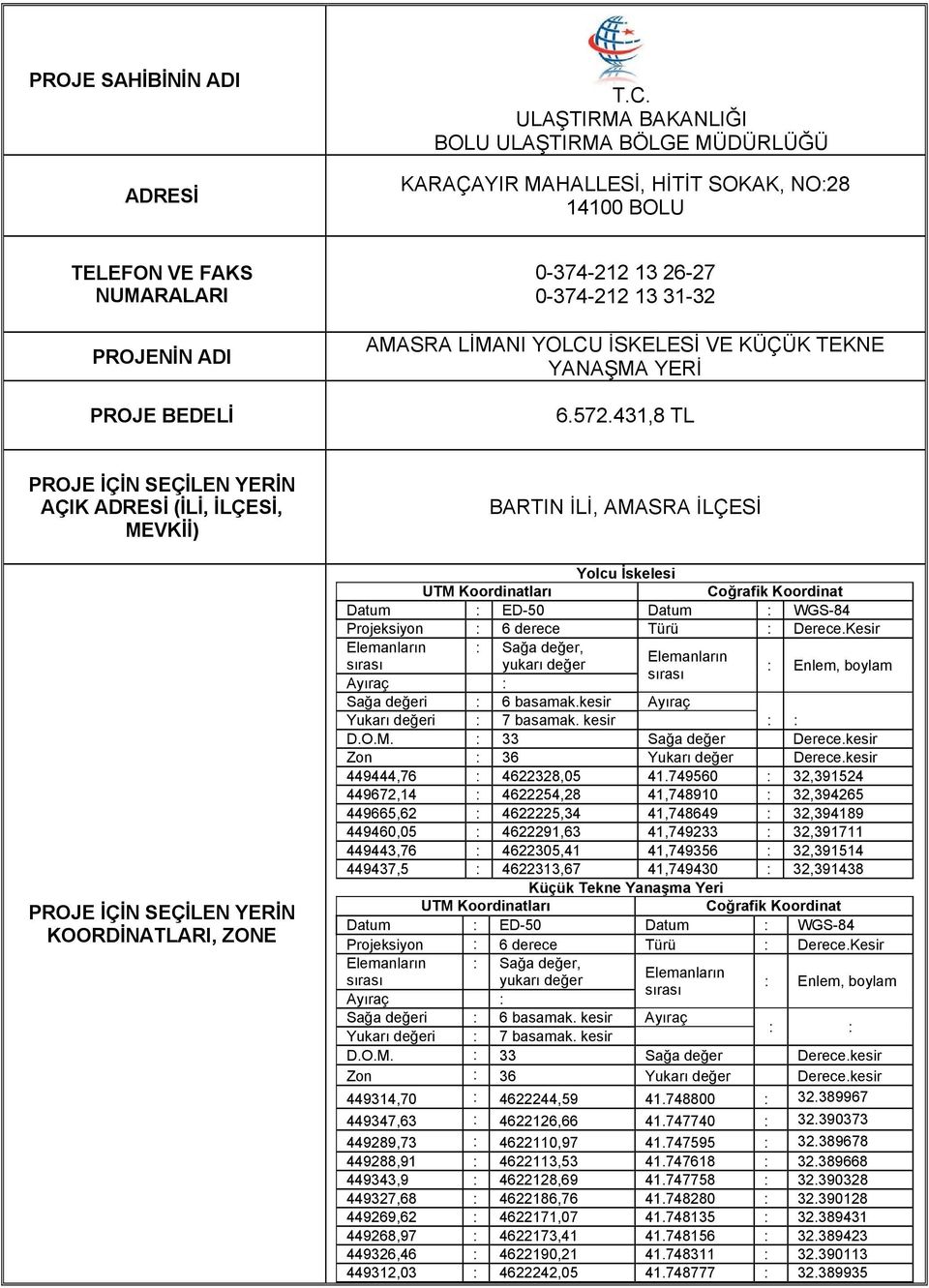 431,8 TL PROJE İÇİN SEÇİLEN YERİN AÇIK ADRESİ (İLİ, İLÇESİ, MEVKİİ) PROJE İÇİN SEÇİLEN YERİN KOORDİNATLARI, ZONE BARTIN İLİ, AMASRA İLÇESİ Yolcu İskelesi UTM Koordinatları Coğrafik Koordinat Datum :