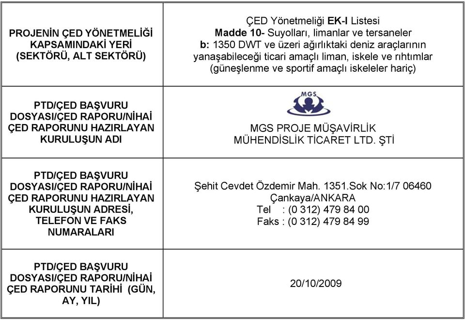 KURULUŞUN ADI MGS PROJE MÜŞAVİRLİK MÜHENDİSLİK TİCARET LTD.