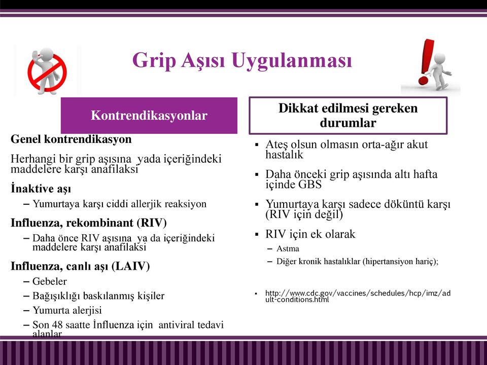 alerjisi Son 48 saatte İnfluenza için antiviral tedavi alanlar Dikkat edilmesi gereken durumlar Ateş olsun olmasın orta-ağır akut hastalık Daha önceki grip aşısında altı hafta içinde