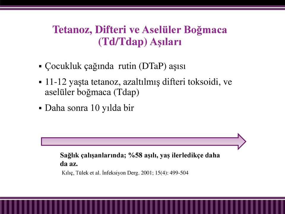 boğmaca (Tdap) Daha sonra 10 yılda bir Sağlık çalışanlarında; %58 aşılı, yaş