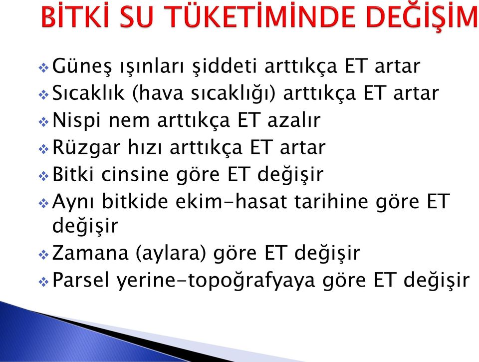 artar Bitki cinsine göre ET değişir Aynı bitkide ekim-hasat tarihine göre