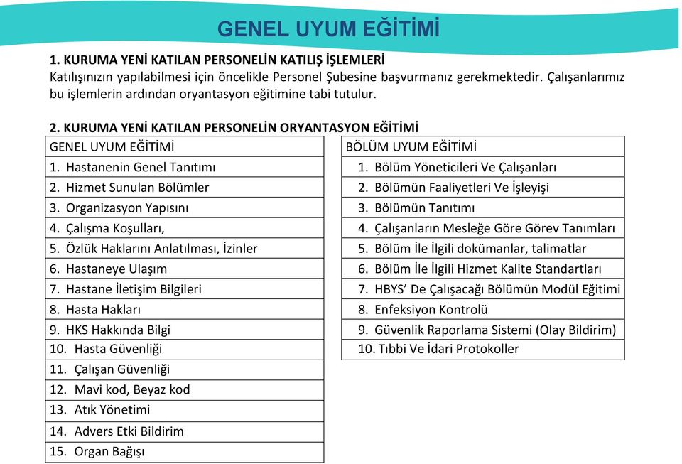 Bölüm Yöneticileri Ve Çalışanları 2. Hizmet Sunulan Bölümler 2. Bölümün Faaliyetleri Ve İşleyişi 3. Organizasyon Yapısını 3. Bölümün Tanıtımı 4. Çalışma Koşulları, 4.