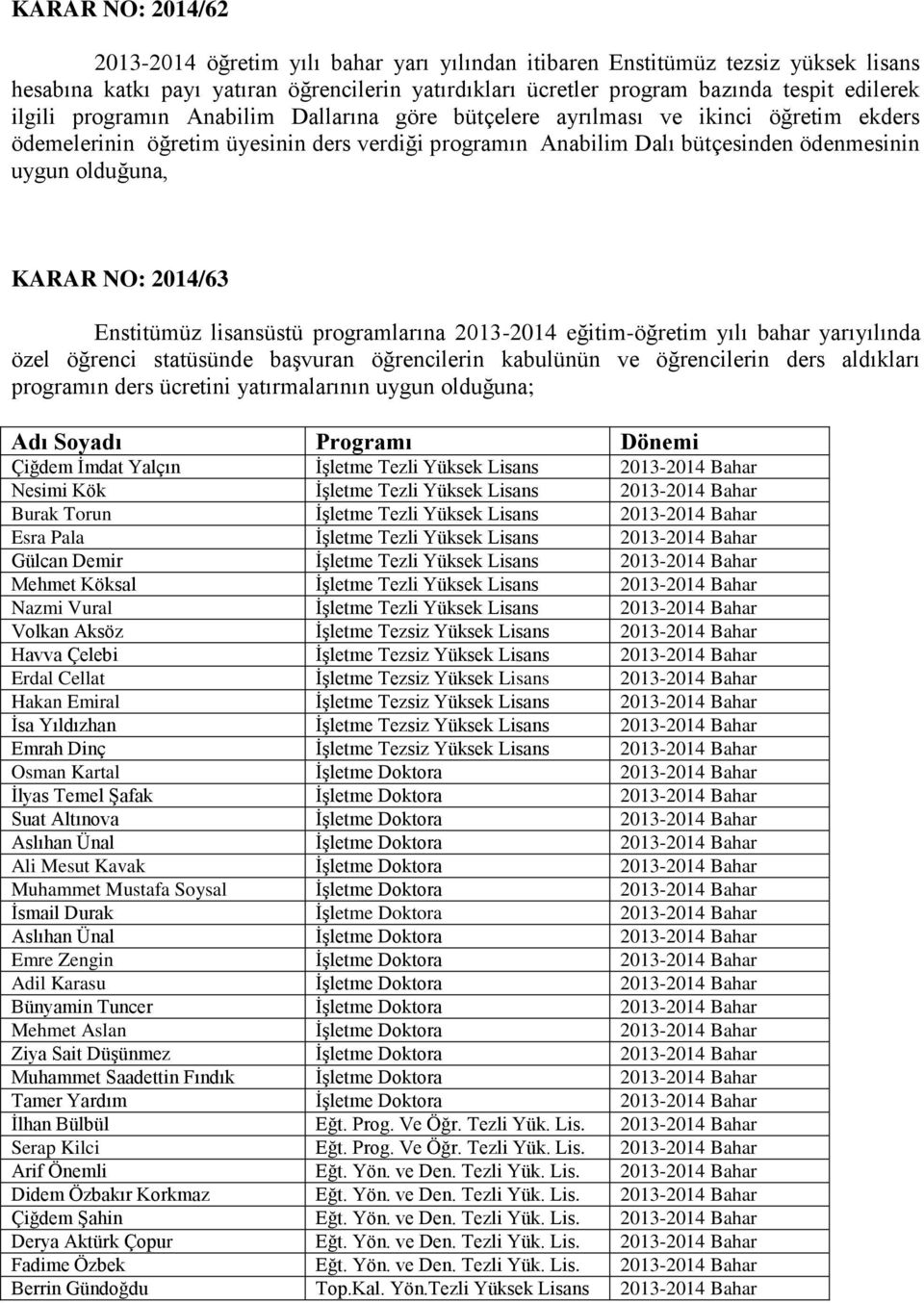 NO: 2014/63 Enstitümüz lisansüstü programlarına 2013-2014 eğitim-öğretim yılı bahar yarıyılında özel öğrenci statüsünde başvuran öğrencilerin kabulünün ve öğrencilerin ders aldıkları programın ders