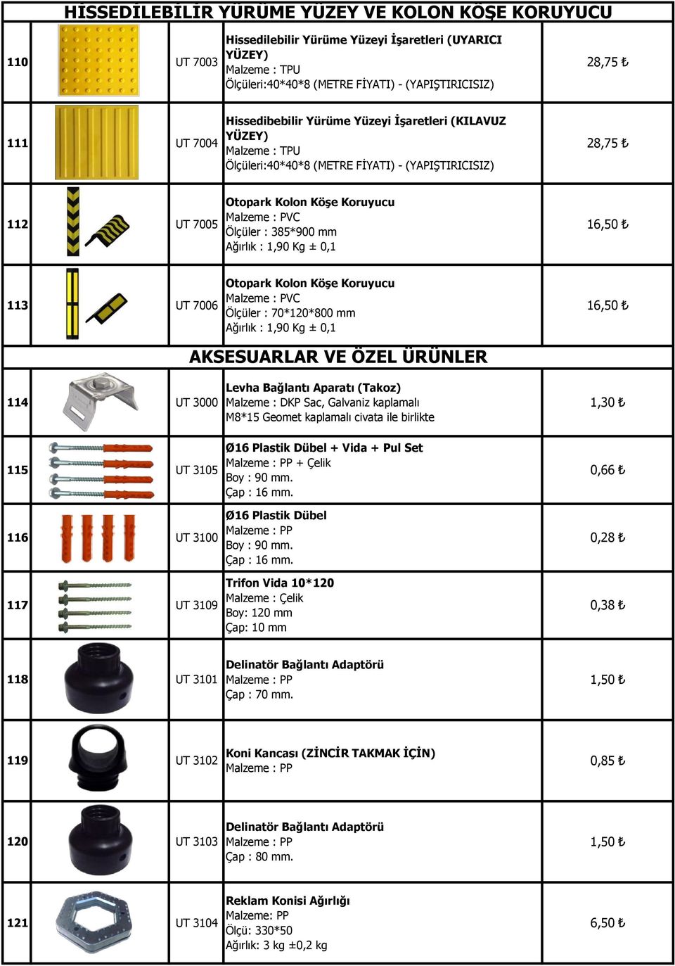 113 UT 7006 Otopark Kolon Köşe Koruyucu Malzeme : PVC Ölçüler : 70*120*800 mm Ağırlık : 1,90 Kg ± 0,1 16,50 AKSESUARLAR VE ÖZEL ÜRÜNLER 114 UT 3000 Levha Bağlantı Aparatı (Takoz) Malzeme : DKP Sac,