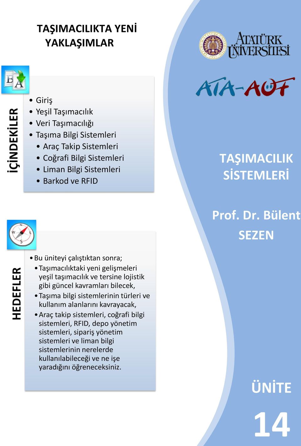 Bülent SEZEN Bu üniteyi çalıştıktan sonra; Taşımacılıktaki yeni gelişmeleri yeşil taşımacılık ve tersine lojistik gibi güncel kavramları bilecek, Taşıma bilgi