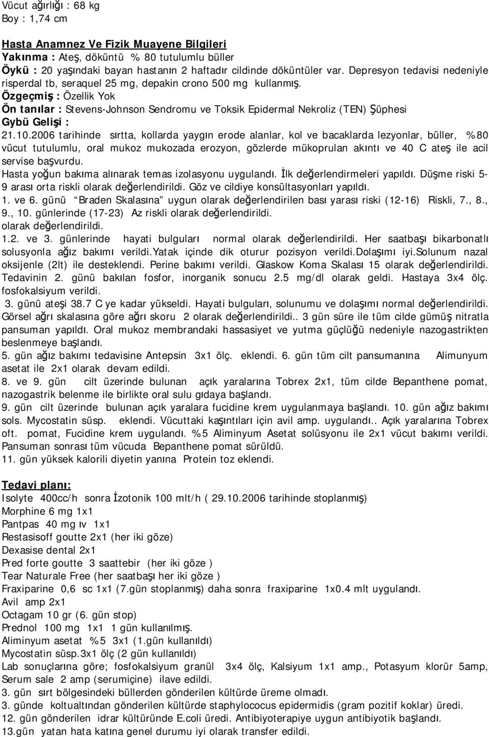 Özgeçmiş : Özellik Yok Ön tanılar : Stevens-Johnson Sendromu ve Toksik Epidermal Nekroliz (TEN) Şüphesi Gybü Gelişi : 21.10.