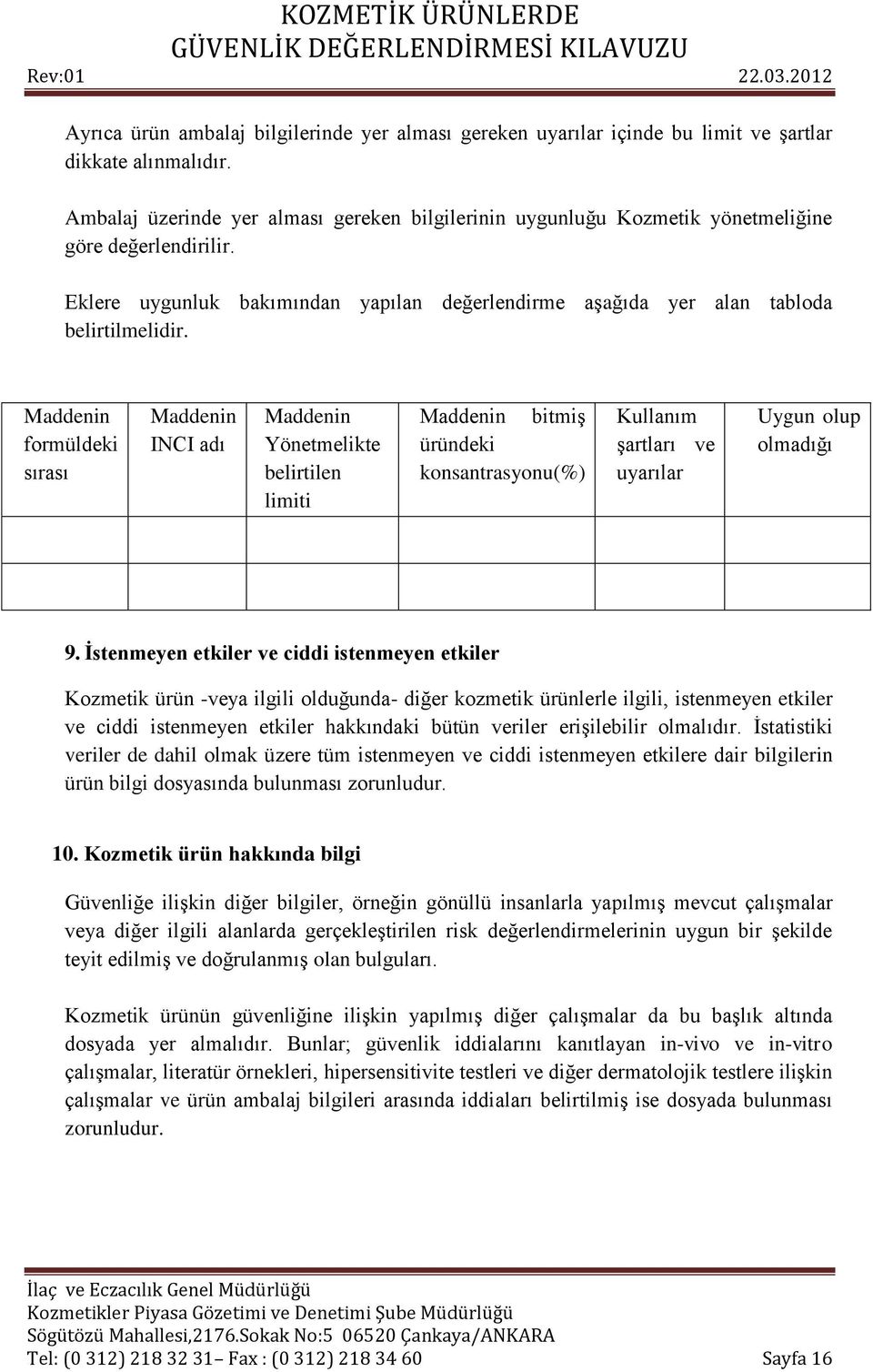 Maddenin formüldeki sırası Maddenin INCI adı Maddenin Yönetmelikte belirtilen limiti Maddenin bitmiş üründeki konsantrasyonu(%) Kullanım şartları ve uyarılar Uygun olup olmadığı 9.