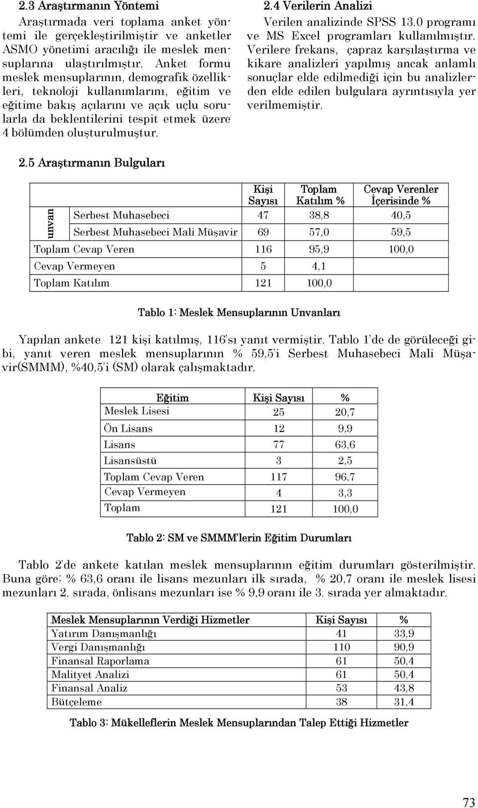 oluşturulmuştur. 2.4 Verilerin Analizi Verilen analizinde SPSS 13.0 programı ve MS Excel programları kullanılmıştır.