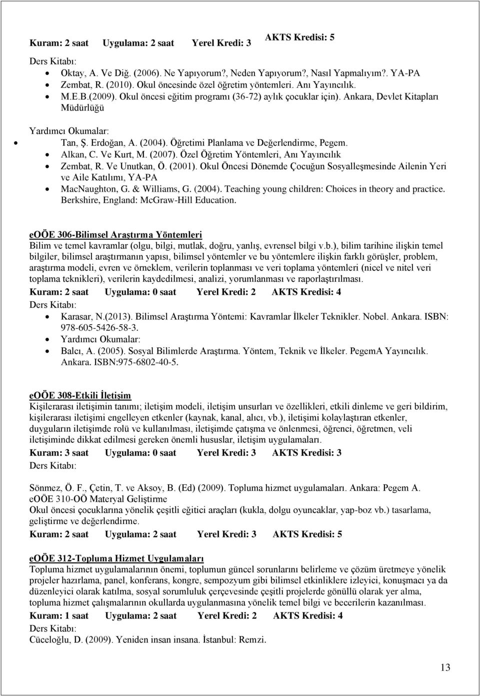 Öğretimi Planlama ve Değerlendirme, Pegem. Alkan, C. Ve Kurt, M. (2007). Özel Öğretim Yöntemleri, Anı Yayıncılık Zembat, R. Ve Unutkan, Ö. (2001).