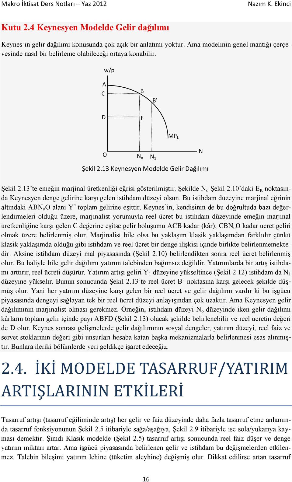 10 daki E K noktasında Keynesyen denge gelirine karşı gelen istihdam düzeyi olsun. Bu istihdam düzeyine marjinal eğrinin altındaki ABN o O alanı Y e toplam gelirine eşittir.