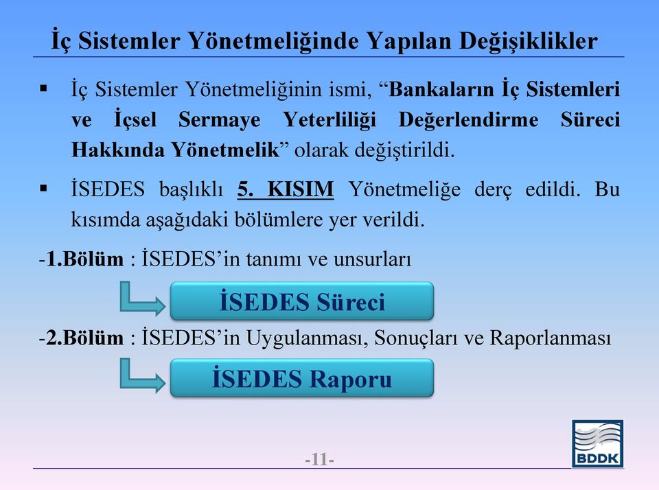 İSEDES başlıklı 5. KISIM Yönetmeliğe derç edildi. Bu kısımda aşağıdaki bölümlere yer verildi. -1.