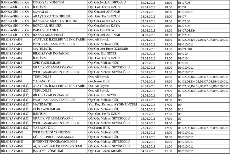 02.2015 18:00 D1,D2,D3 BANKA-SĠG-II (Ġ.Ö) BORÇLAR HUKUKU Öğr.Gör.Gökhan KAYA 03.02.2015 18:00 D6,D7,D8 BANKA-SĠG-II (Ġ.Ö) PARA VE BANKA Öğr.Gör.Can USTA 05.02.2015 18:00 D6,D7,D8,D9 BANKA-SĠG-II (Ġ.