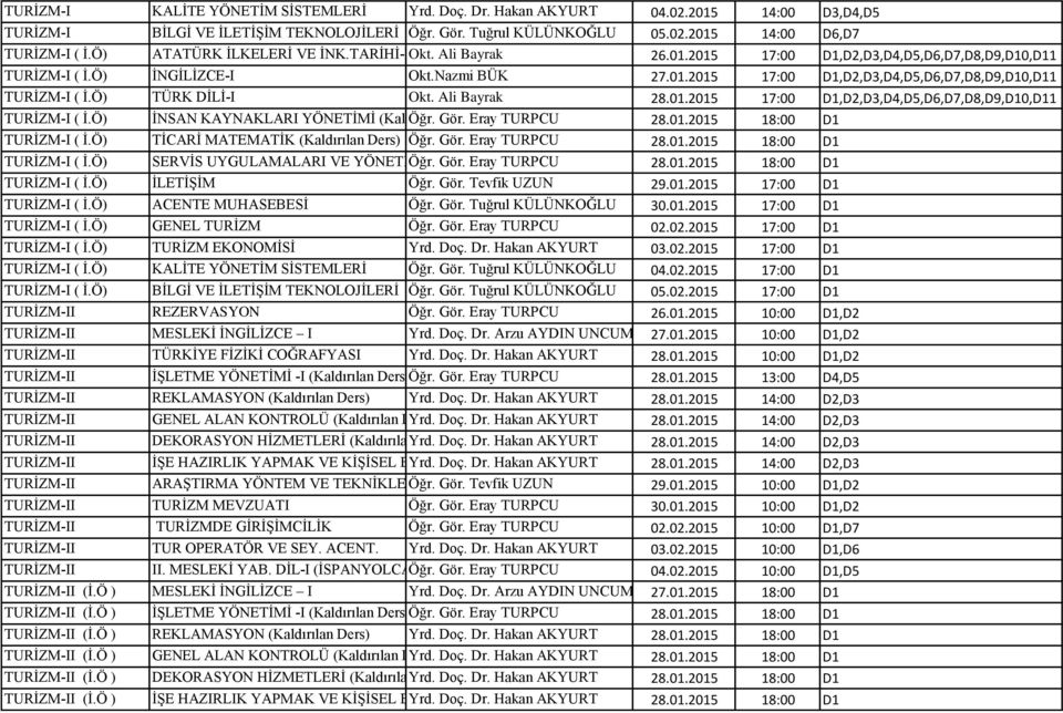 Ali Bayrak 28.01.2015 17:00 D1,D2,D3,D4,D5,D6,D7,D8,D9,D10,D11 TURĠZM-I ( Ġ.Ö) ĠNSAN KAYNAKLARI YÖNETĠMĠ (Kaldırılan Öğr. Gör. Ders) Eray TURPCU 28.01.2015 18:00 D1 TURĠZM-I ( Ġ.