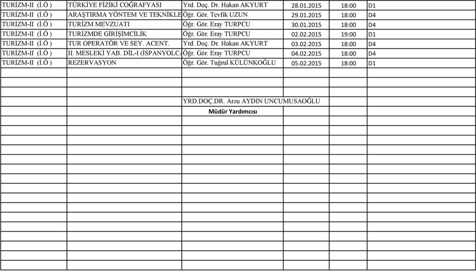 02.2015 19:00 D1 TURĠZM-II (Ġ.Ö ) TUR OPERATÖR VE SEY. ACENT. Yrd. Doç. Dr. Hakan AKYURT 03.02.2015 18:00 D4 TURĠZM-II (Ġ.Ö ) II. MESLEKĠ YAB.