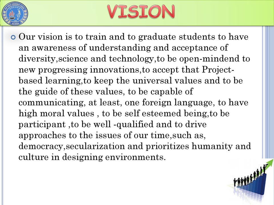 to be capable of communicating, at least, one foreign language, to have high moral values, to be self esteemed being,to be participant,to be well