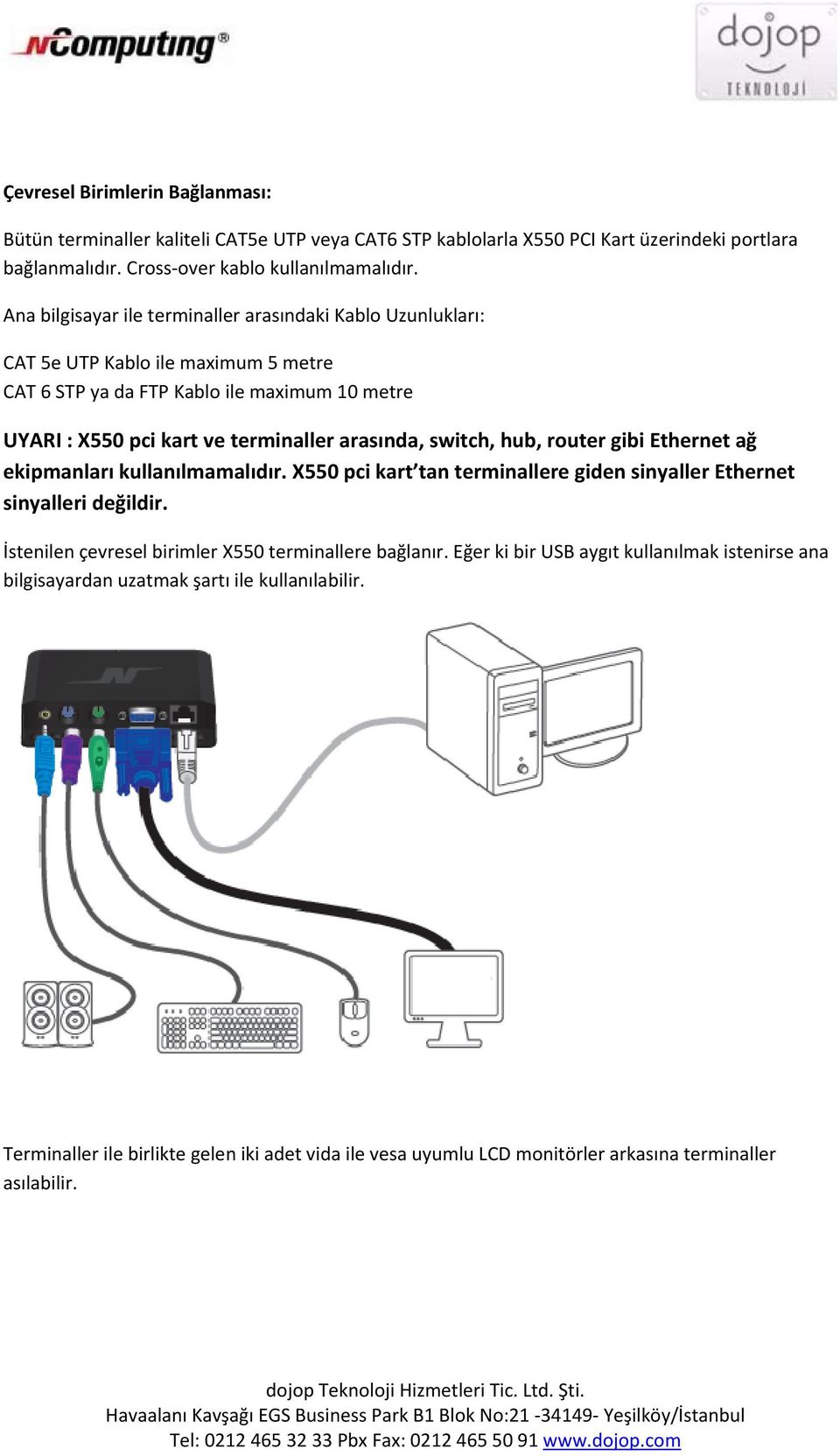 switch, hub, router gibi Ethernet ağ ekipmanları kullanılmamalıdır. X550 pci kart tan terminallere giden sinyaller Ethernet sinyalleri değildir.