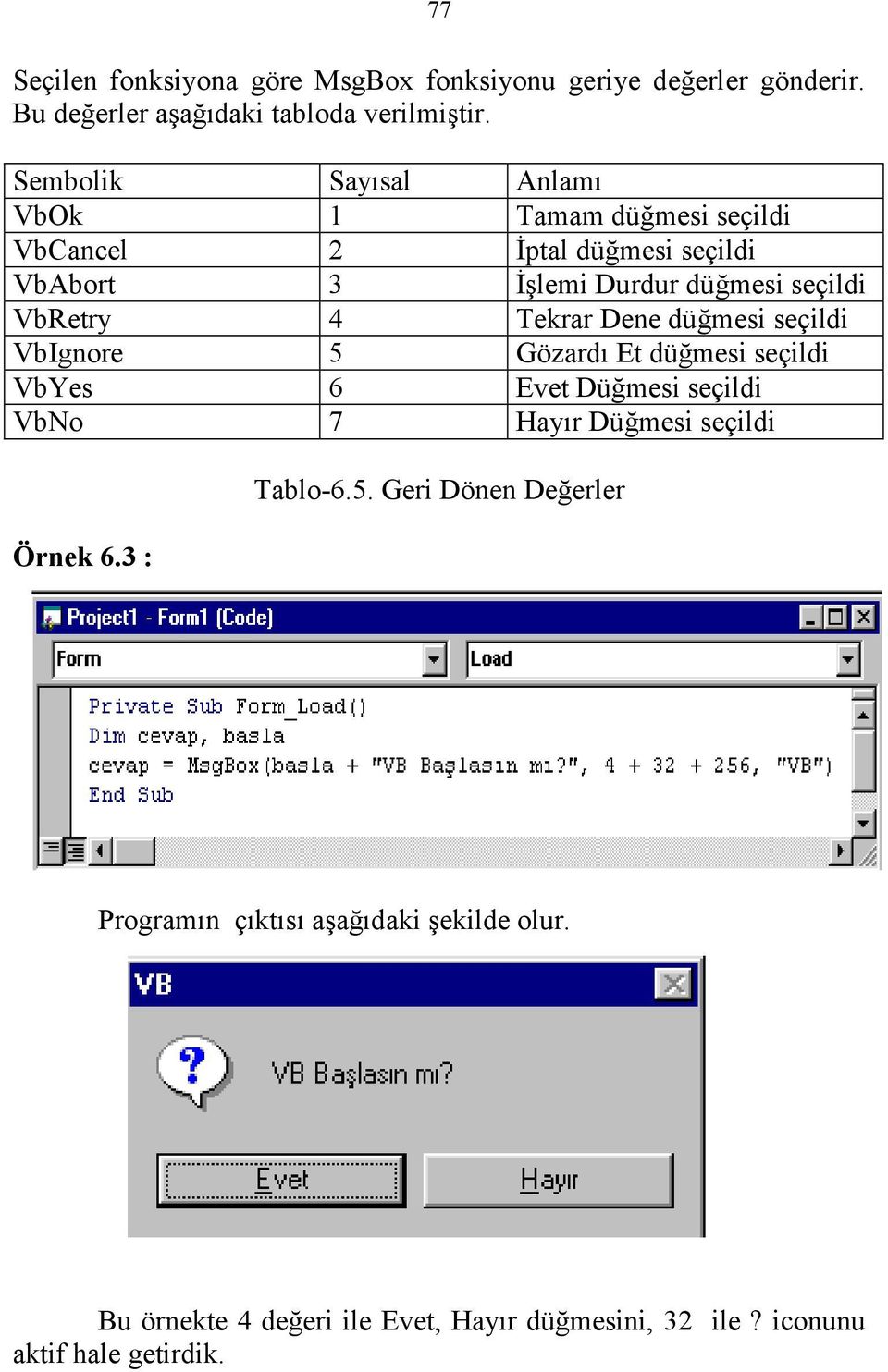 düğmesi seçildi VbIgnore 5 Gözardı Et düğmesi seçildi VbYes 6 Evet Düğmesi seçildi VbNo 7 Hayır Düğmesi seçildi Örnek 6.