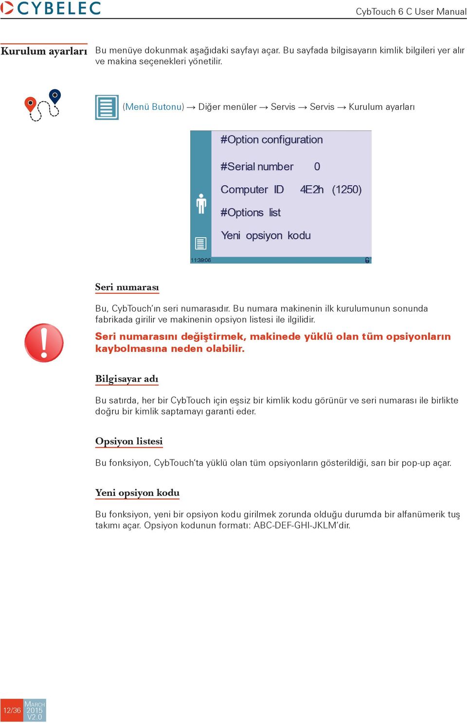 Bu numara makinenin ilk kurulumunun sonunda fabrikada girilir ve makinenin opsiyon listesi ile ilgilidir. Seri numarasını değiştirmek, makinede yüklü olan tüm opsiyonların kaybolmasına neden olabilir.