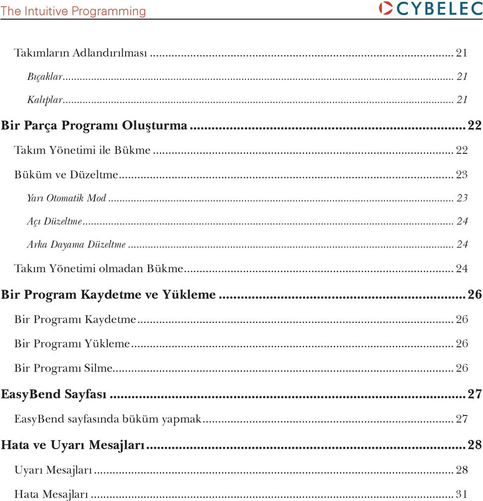 .. 24 Takım Yönetimi olmadan Bükme... 24 Bir Program Kaydetme ve Yükleme... 26 Bir Programı Kaydetme... 26 Bir Programı Yükleme.