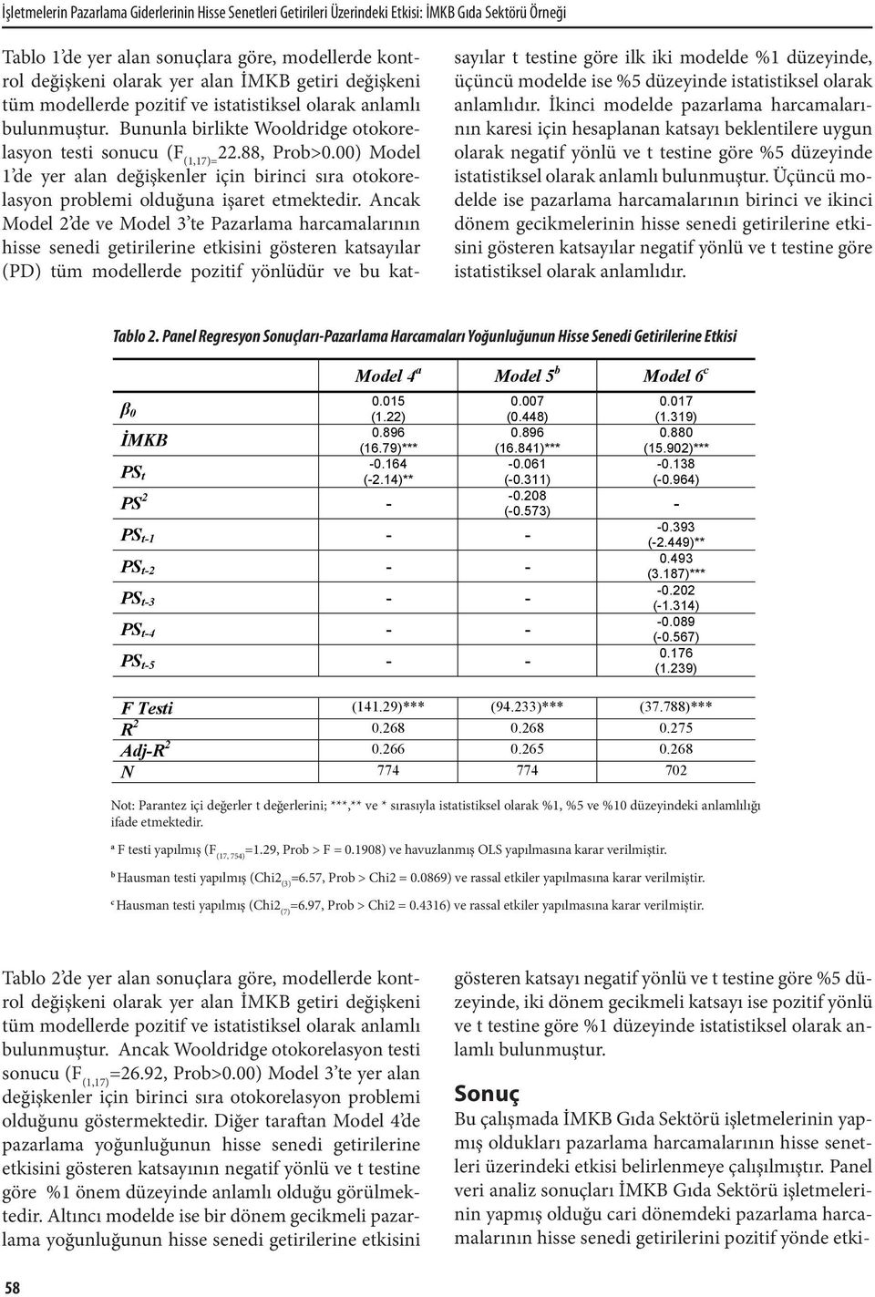 00) Model 1 de yer alan değişkenler için birinci sıra otokorelasyon problemi olduğuna işaret etmektedir.