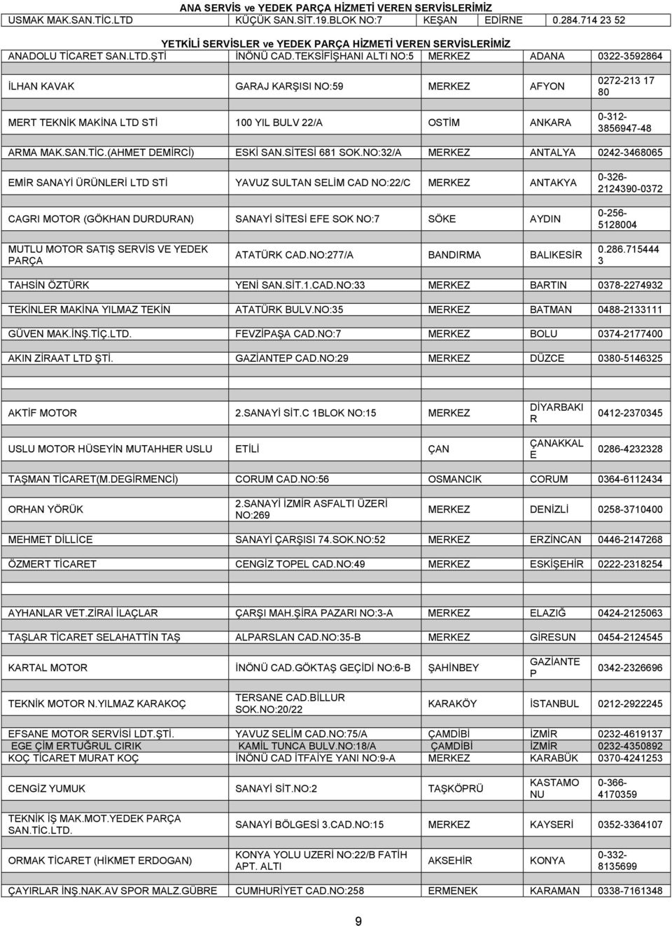 TEKSİFİŞHANI ALTI NO:5 MERKEZ ADANA 0322-3592864 İLHAN KAVAK GARAJ KARŞISI NO:59 MERKEZ AFYON MERT TEKNİK MAKİNA LTD STİ 100 YIL BULV 22/A OSTİM ANKARA 0272-213 17 80 0-312- 3856947-48 ARMA MAK.SAN.