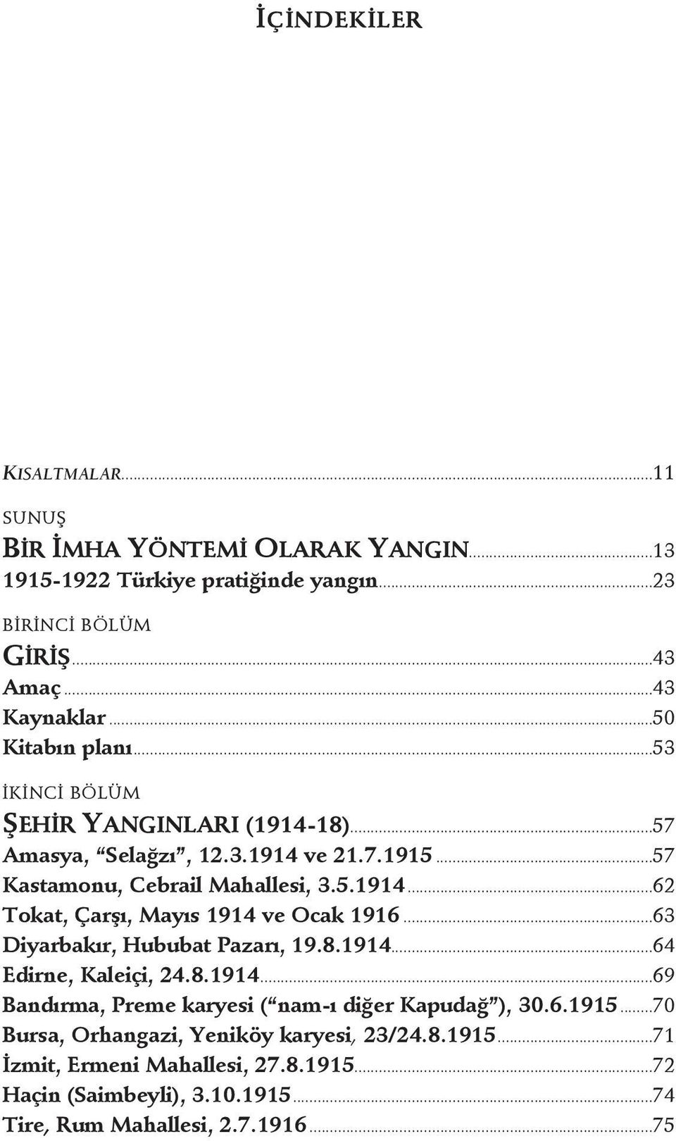 ..63 Diyarbakır, Hububat Pazarı, 19.8.1914...64 Edirne, Kaleiçi, 24.8.1914...69 Bandırma, Preme karyesi ( nam-ı diğer Kapudağ ), 30.6.1915.