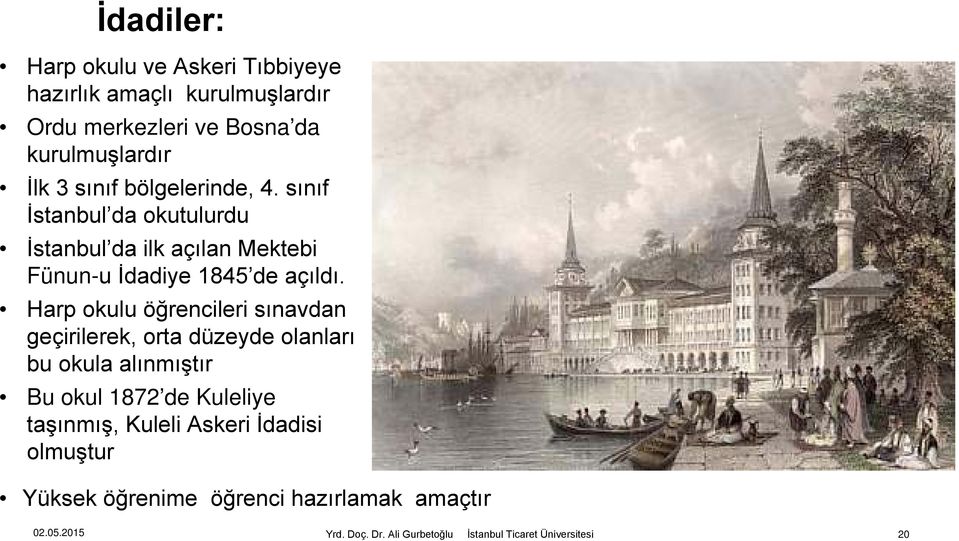 Harp okulu öğrencileri sınavdan geçirilerek, orta düzeyde olanları bu okula alınmıştır Bu okul 1872 de Kuleliye taşınmış,