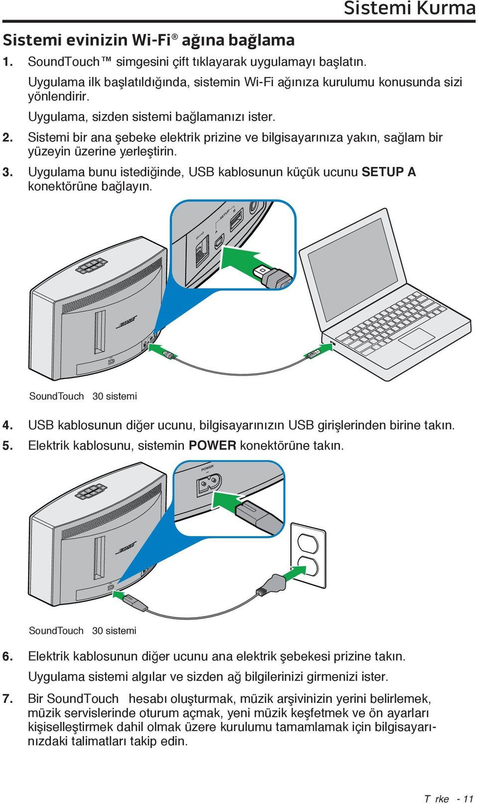 Sistemi bir ana şebeke elektrik prizine ve bilgisayarınıza yakın, sağlam bir yüzeyin üzerine yerleştirin.. 3. Uygulama bunu istediğinde, USB kablosunun küçük ucunu SETUP A konektörüne bağlayın.