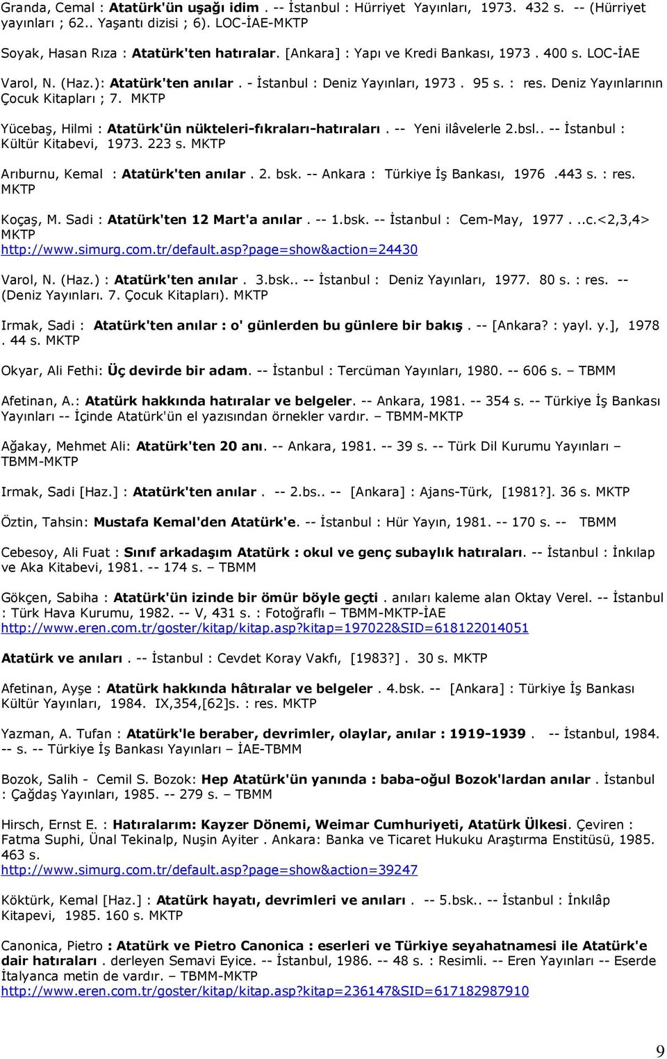 MKTP Yücebaş, Hilmi : Atatürk'ün nükteleri-fıkraları-hatıraları. -- Yeni ilâvelerle 2.bsl.. -- İstanbul : Kültür Kitabevi, 1973. 223 s. MKTP Arıburnu, Kemal : Atatürk'ten anılar. 2. bsk.