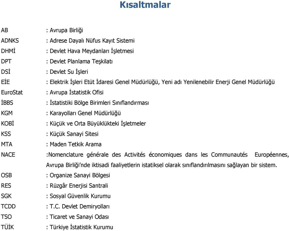 Küçük ve Orta Büyüklükteki İşletmeler KSS : Küçük Sanayi Sitesi MTA : Maden Tetkik Arama NACE :Nomenclature générale des Activités économiques dans les Communautés Européennes, Avrupa Birliği nde