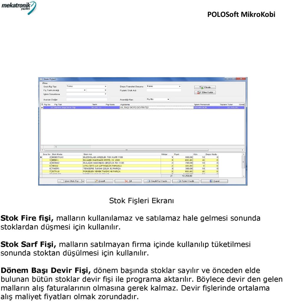 Dönem Başı Devir Fişi, dönem başında stoklar sayılır ve önceden elde bulunan bütün stoklar devir fişi ile programa aktarılır.