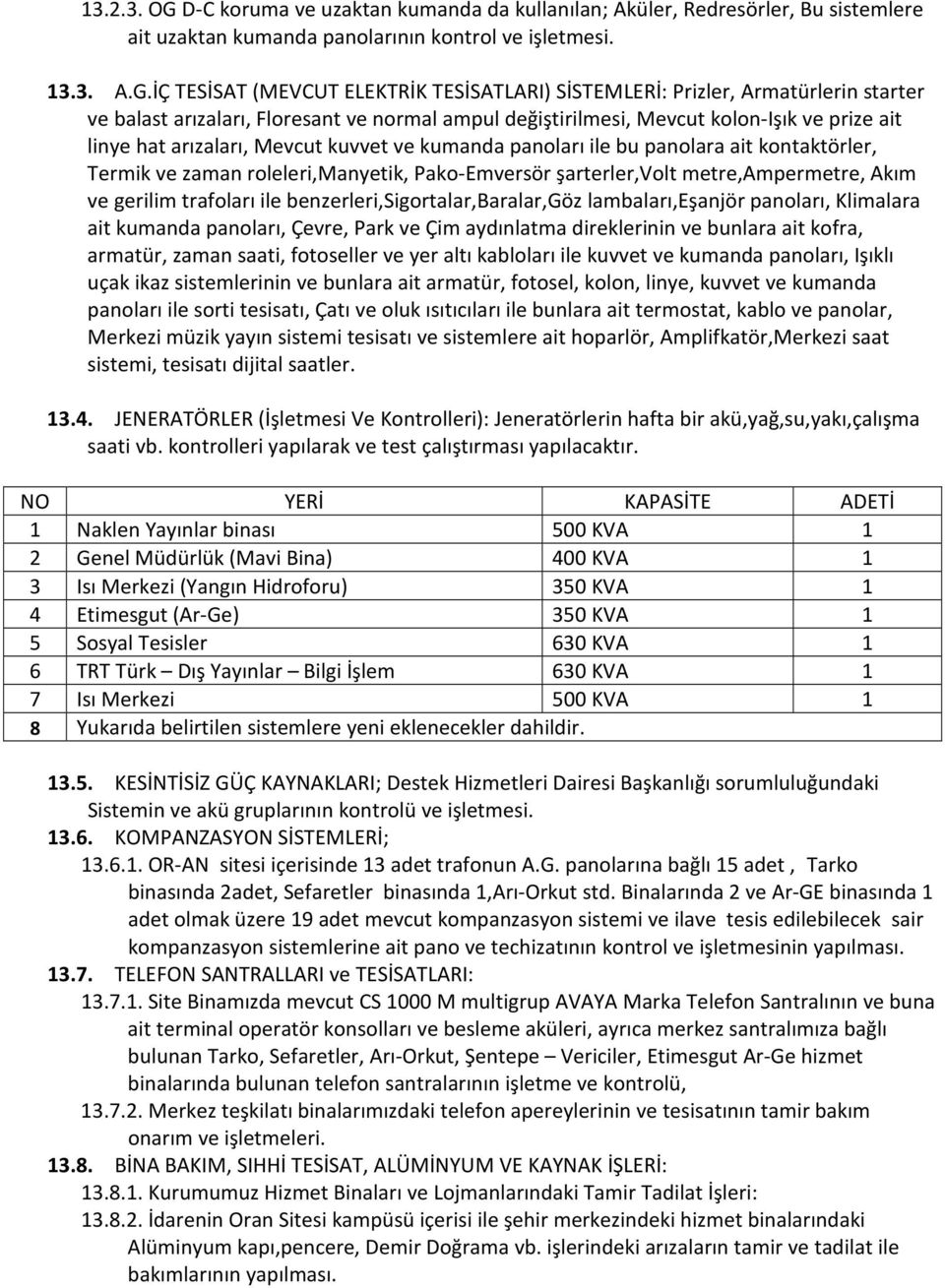 İÇ TESİSAT (MEVCUT ELEKTRİK TESİSATLARI) SİSTEMLERİ: Prizler, Armatürlerin starter ve balast arızaları, Floresant ve normal ampul değiştirilmesi, Mevcut kolon-işık ve prize ait linye hat arızaları,