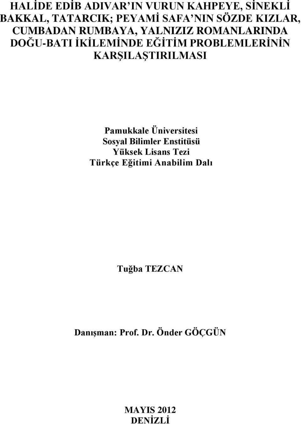 PROBLEMLERİNİN KARŞILAŞTIRILMASI Pamukkale Üniversitesi Sosyal Bilimler Enstitüsü Yüksek