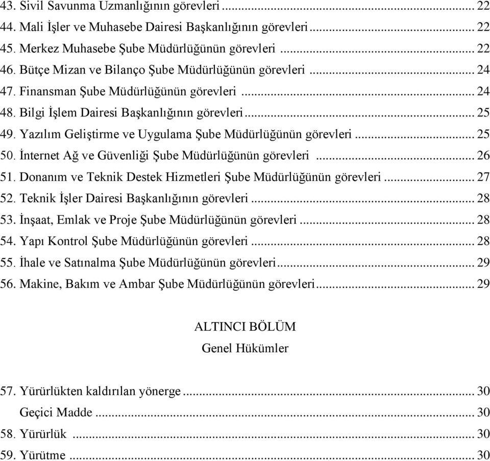 Yazılım Geliştirme ve Uygulama Şube Müdürlüğünün görevleri... 25 50. İnternet Ağ ve Güvenliği Şube Müdürlüğünün görevleri... 26 51. Donanım ve Teknik Destek Hizmetleri Şube Müdürlüğünün görevleri.