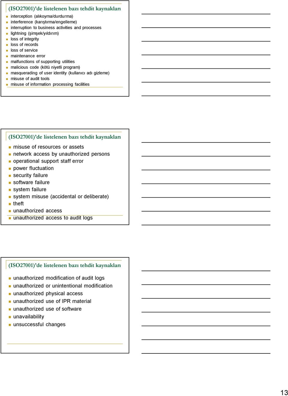 of audit tools misuse of information processing facilities (ISO27001) de listelenen bazı tehdit kaynakları misuse of resources or assets network access by unauthorized persons operational support