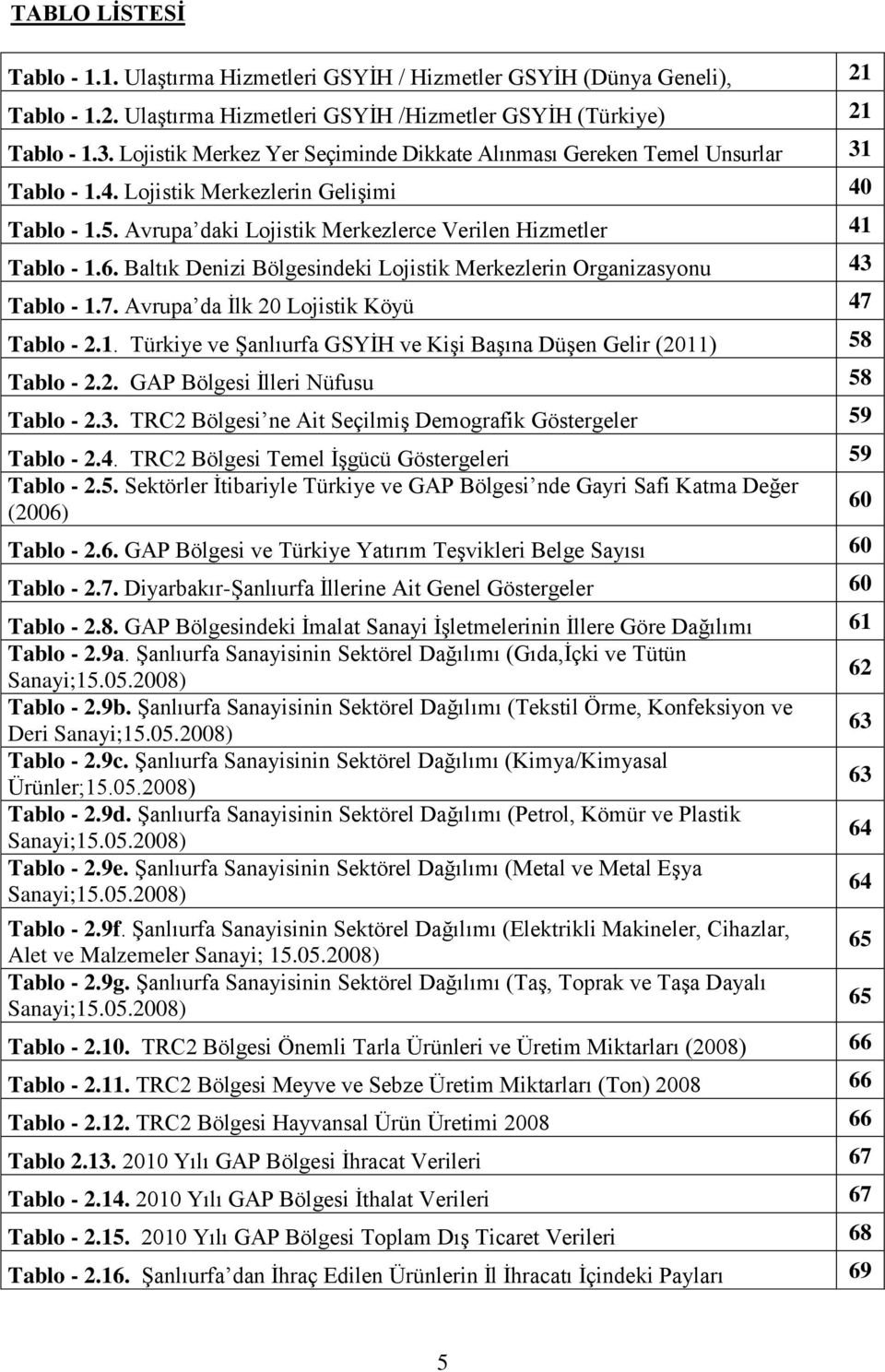 Baltık Denizi Bölgesindeki Lojistik Merkezlerin Organizasyonu 43 Tablo - 1.7. Avrupa da Ġlk 20 Lojistik Köyü 47 Tablo - 2.1. Türkiye ve ġanlıurfa GSYĠH ve KiĢi BaĢına DüĢen Gelir (2011) 58 Tablo - 2.