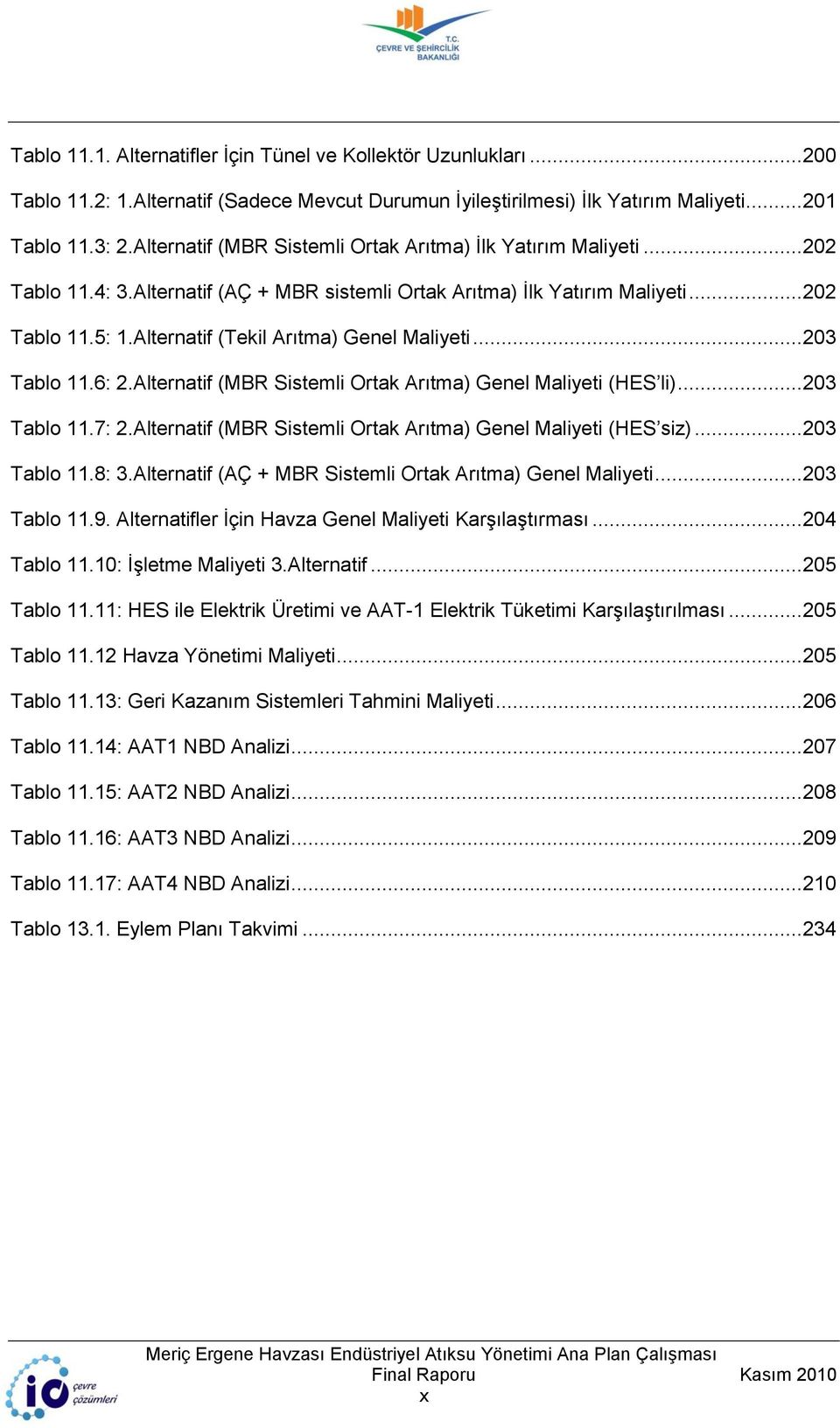 Alternatif (Tekil Arıtma) Genel Maliyeti... 203 Tablo 11.6: 2.Alternatif (MBR Sistemli Ortak Arıtma) Genel Maliyeti (HES li)... 203 Tablo 11.7: 2.