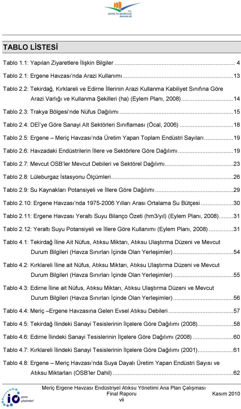 ..15 Tablo 2.4: DEĠ ye Göre Sanayi Alt Sektörleri Sınıflaması (Öcal, 2006)...18 Tablo 2.5: Ergene Meriç Havzası nda Üretim Yapan Toplam Endüstri Sayıları...19 Tablo 2.