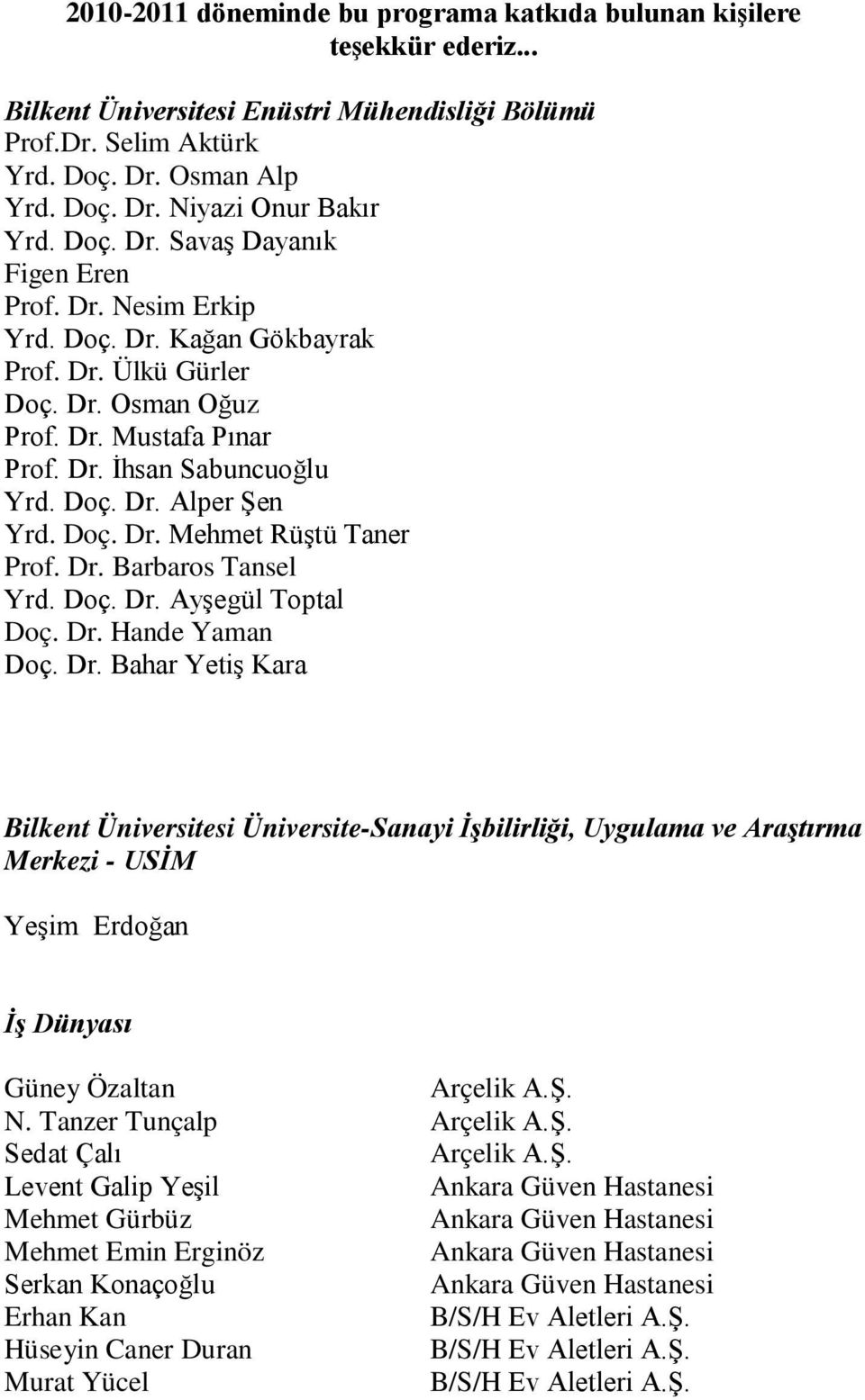 Doç. Dr. Mehmet Rüştü Taner Prof. Dr. Barbaros Tansel Yrd. Doç. Dr. Ayşegül Toptal Doç. Dr. Hande Yaman Doç. Dr. Bahar Yetiş Kara Bilkent Üniversitesi Üniversite-Sanayi İşbilirliği, Uygulama ve Araştırma Merkezi - USİM Yeşim Erdoğan İş Dünyası Güney Özaltan Arçelik A.