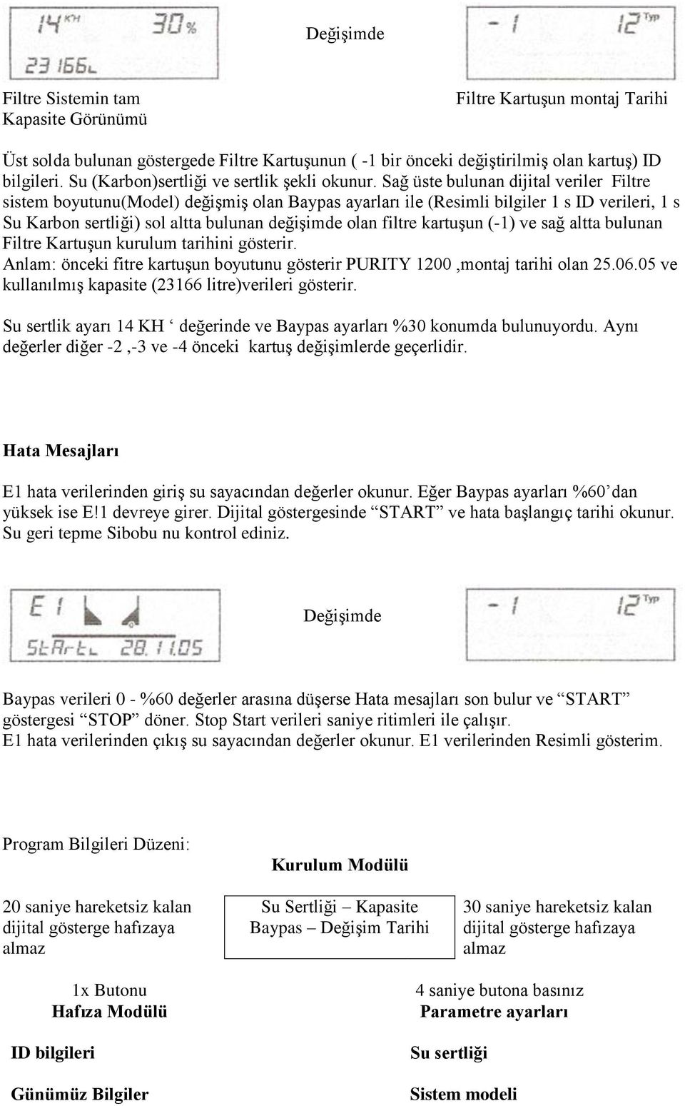 Sağ üste bulunan dijital veriler Filtre sistem boyutunu(model) değişmiş olan Baypas ayarları ile (Resimli bilgiler 1 s ID verileri, 1 s Su Karbon sertliği) sol altta bulunan değişimde olan filtre