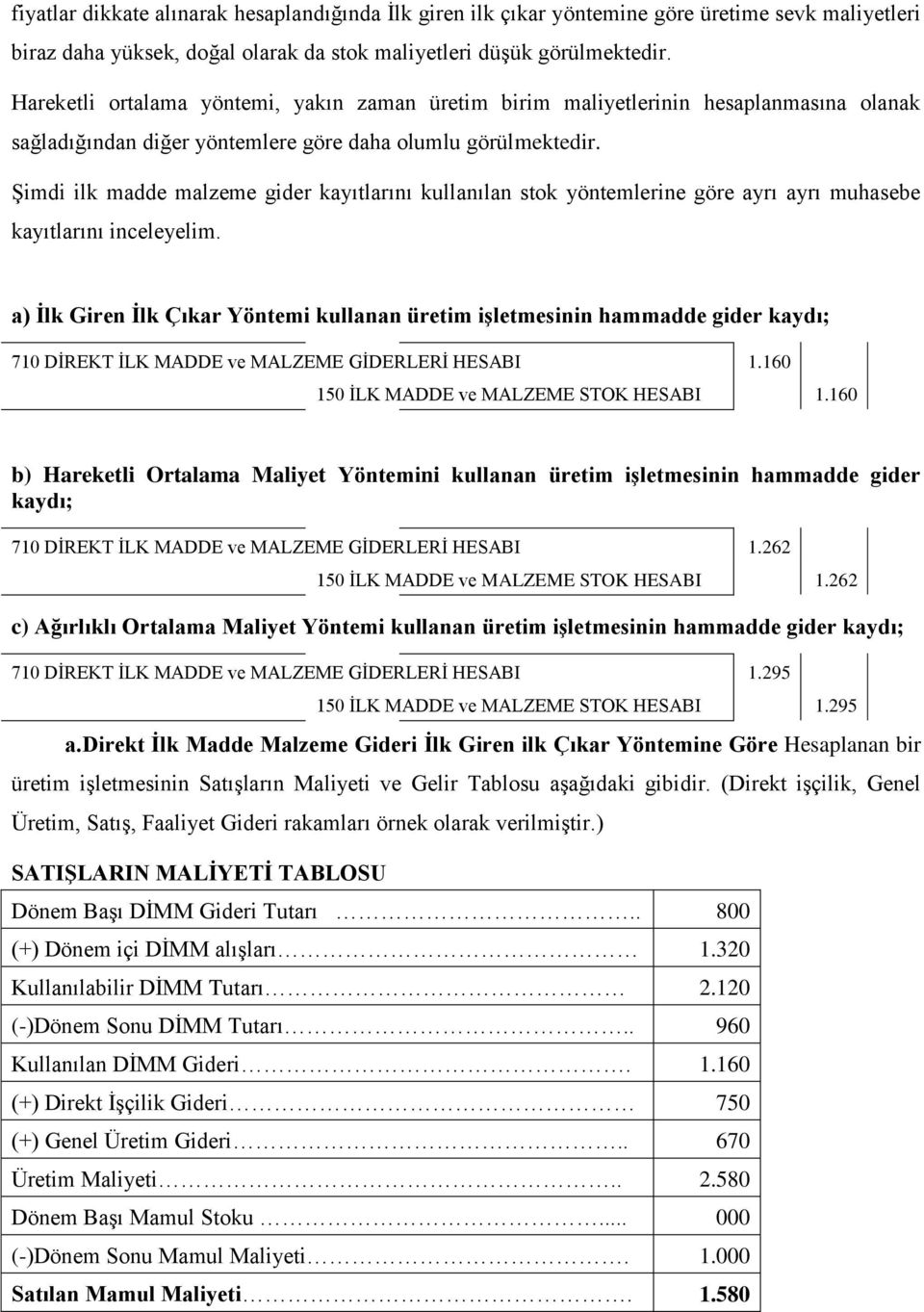 Şimdi ilk madde malzeme gider kayıtlarını kullanılan stok yöntemlerine göre ayrı ayrı muhasebe kayıtlarını inceleyelim.