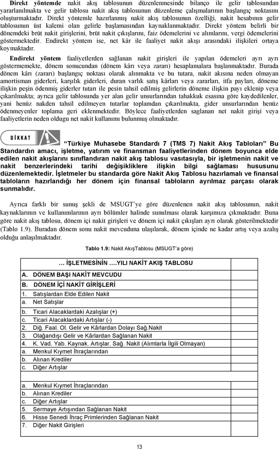 Direkt yöntem belirli bir dönemdeki brüt nakit girişlerini, brüt nakit çıkışlarını, faiz ödemelerini ve alımlarını, vergi ödemelerini göstermektedir.