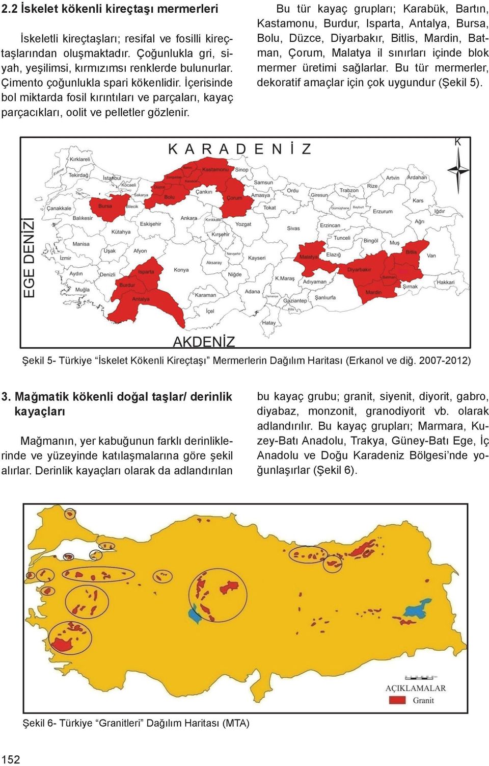 Bu tür kayaç grupları; Karabük, Bartın, Kastamonu, Burdur, Isparta, Antalya, Bursa, Bolu, Düzce, Diyarbakır, Bitlis, Mardin, Batman, Çorum, Malatya il sınırları içinde blok mermer üretimi sağlarlar.