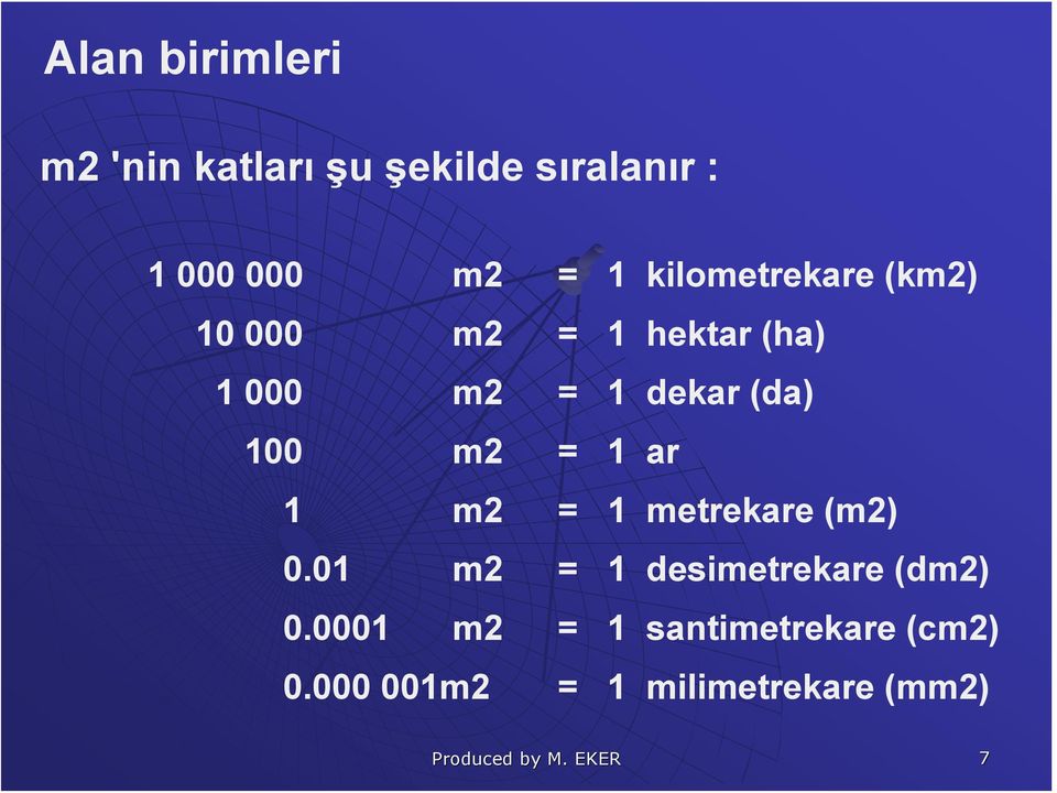 m2 = 1 ar 1 m2 = 1 metrekare (m2) 0.01 m2 = 1 desimetrekare (dm2) 0.